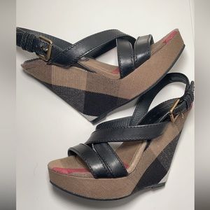 Burberry Brit Canvas 37.5 Check Warlow 125 Wedge Sandals
